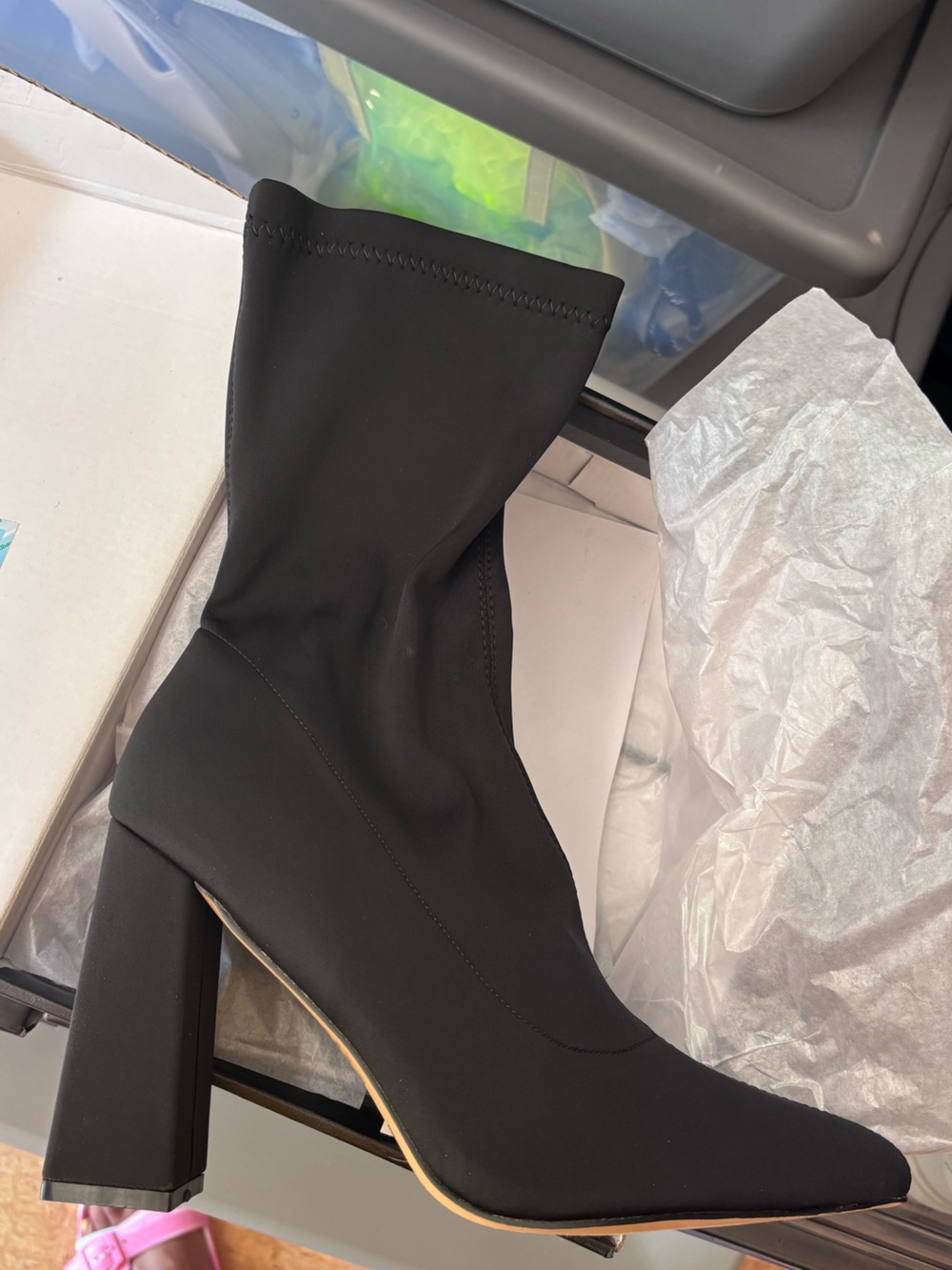 Fashion Nova Black Stretch Sock Booties with Block Heel